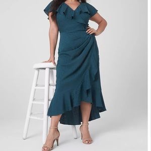 Short Sleeve Ruffle Jacquard Midi Dress